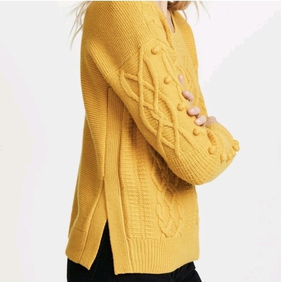 Madewell ChunkyCable Knit Baubles Sleeve Merino Wool Sweater Mustard Yellow Sz S - Picture 2 of 7